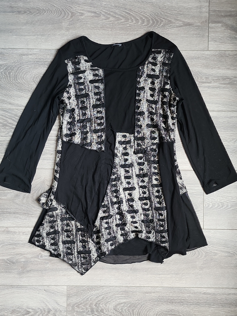 Black Pachwork Mesh Top w Rippes Grey Accents Women's Large 90s Indie Grunge